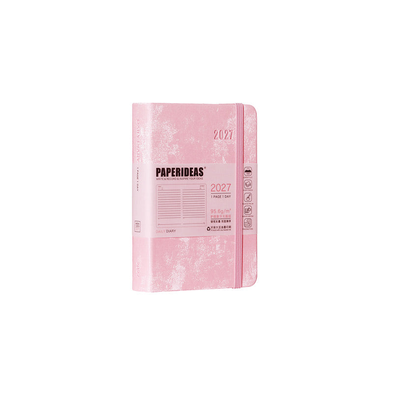 Pink A6 PAPERIDEAS 2027 pocket hardcover daily diary with velvet-look cover, elastic band and 1 page 1 day belly band.