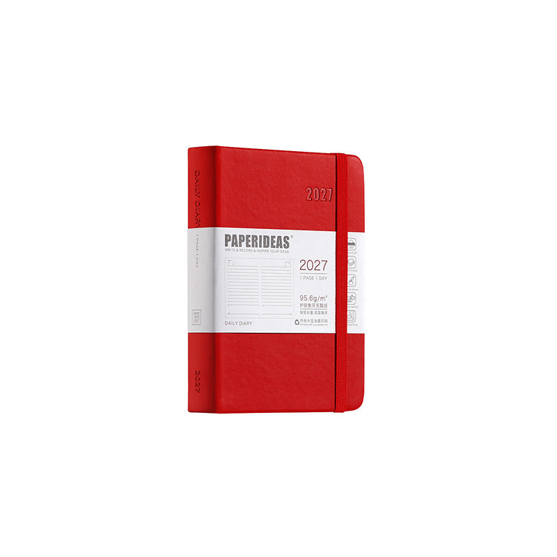 Red A6 PAPERIDEAS 2027 pocket hardcover daily diary with elastic band and 1 page 1 day belly band.
