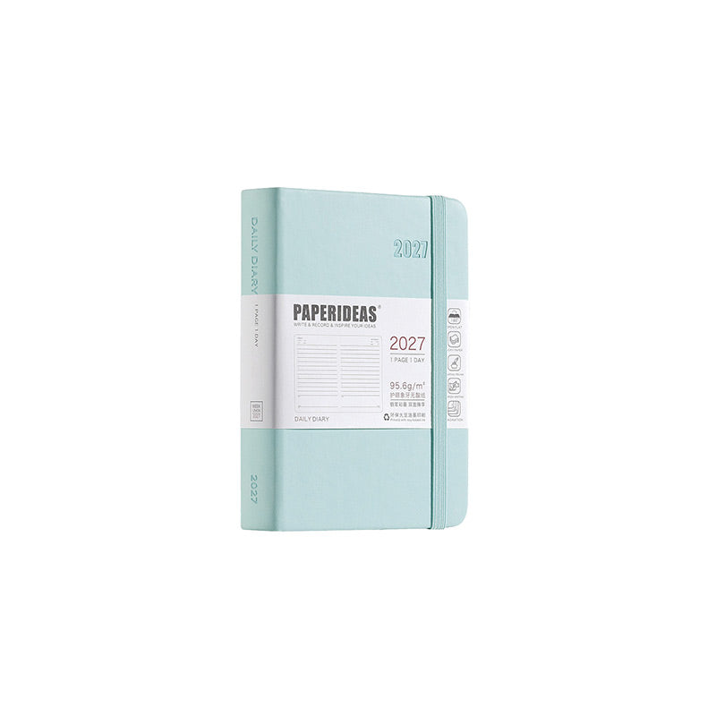 Pale blue A6 PAPERIDEAS 2027 pocket hardcover daily diary with elastic band and 1 page 1 day belly band.