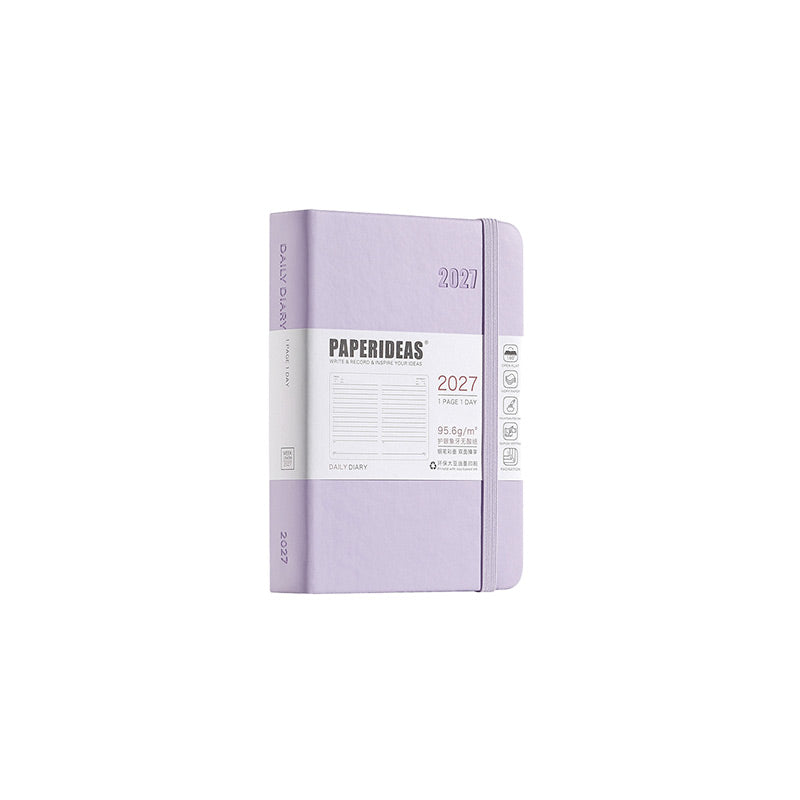 Lavender A6 PAPERIDEAS 2027 pocket hardcover daily diary with elastic band and 1 page 1 day belly band.