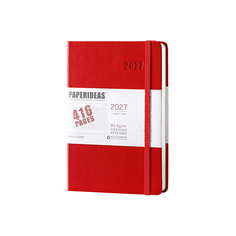 Red A5 PAPERIDEAS 2027 hardcover daily diary with elastic band and 416 pages belly band.