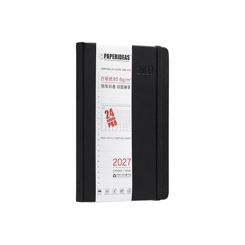 Paperideas 2027 A5 hardcover weekly planner in Black with matching elastic band and white PAPERIDEAS belly band