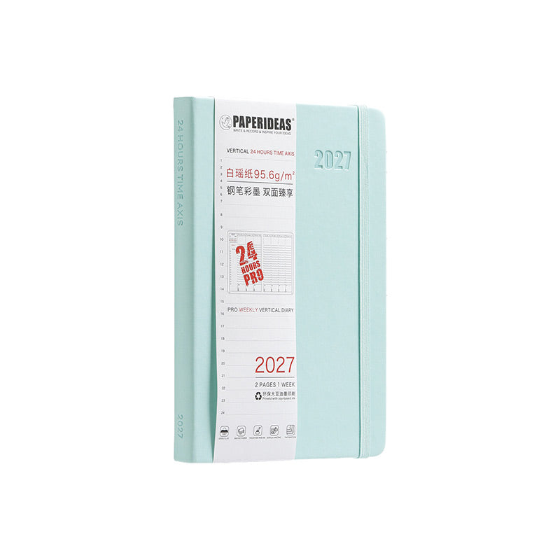 Paperideas 2027 A5 hardcover weekly planner in Pale Blue with matching elastic band and white PAPERIDEAS belly band