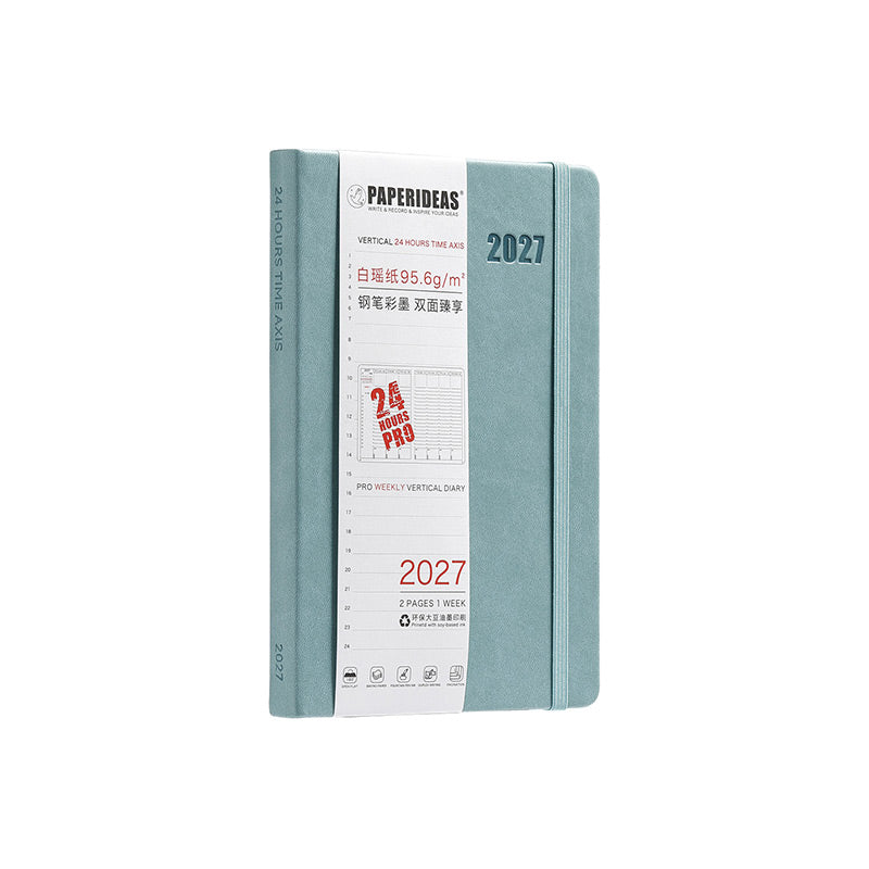 Paperideas 2027 A5 hardcover weekly planner in Smoke Blue with matching elastic band and white PAPERIDEAS belly band