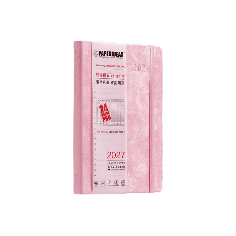 Pink Paperideas 2027 A5 hardcover weekly planner with mottled velvet-look cover, elastic band and white belly band