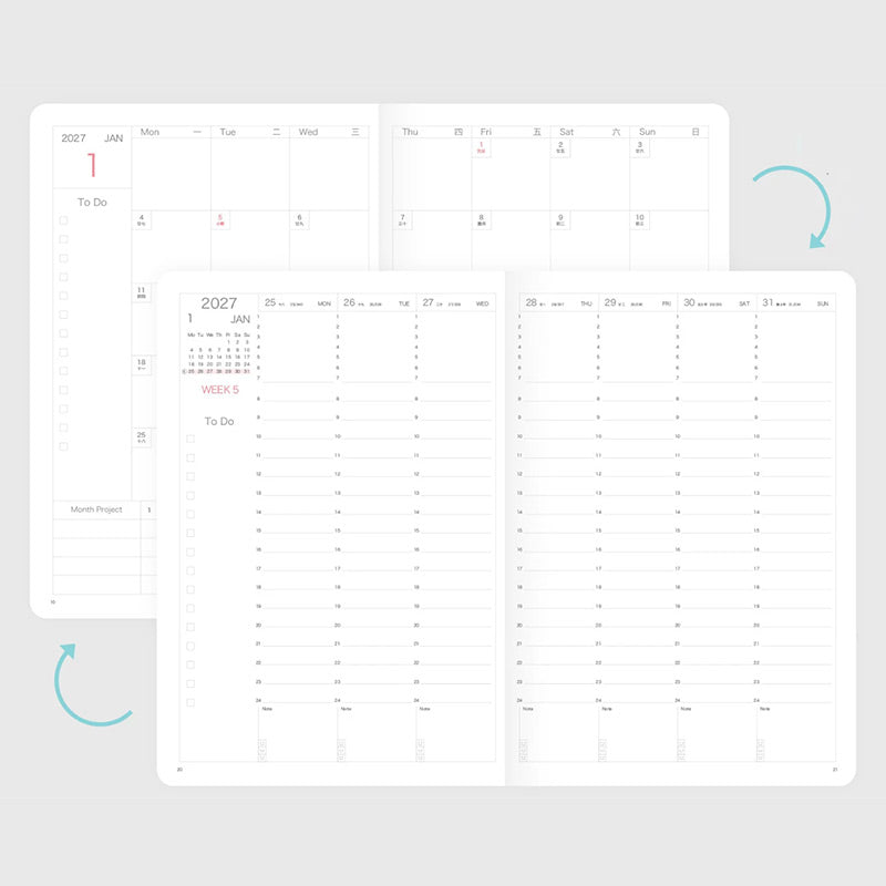 Paperideas 2027 monthly calendar spread followed by weekly spread, showing the monthly-then-weekly page layout