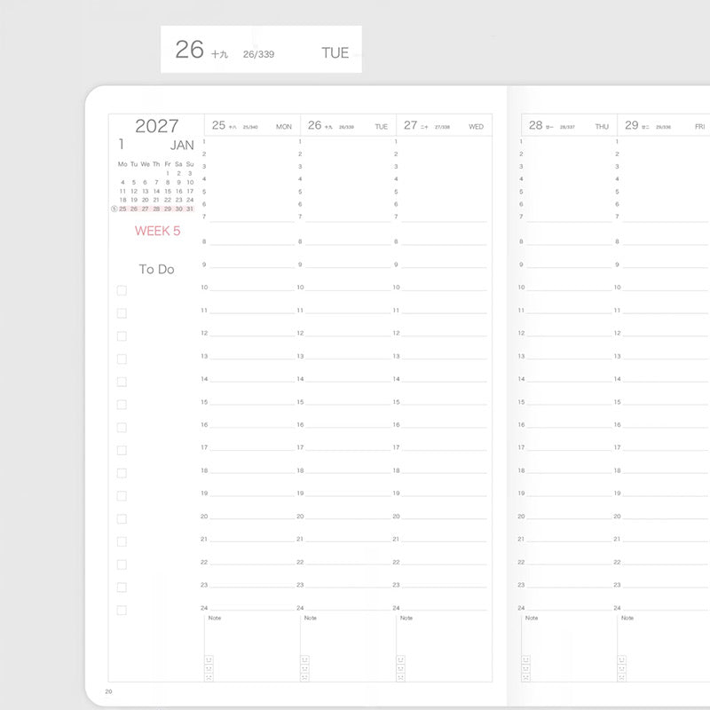 Open Paperideas 2027 January Week 5 spread with hourly time axis, To Do checklist and daily note boxes