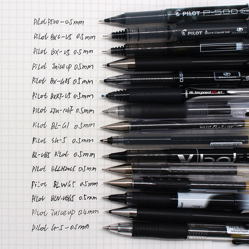 Fifteen black 0.5mm gel and rollerball pens lined up beside handwriting samples on grid paper to compare line width
