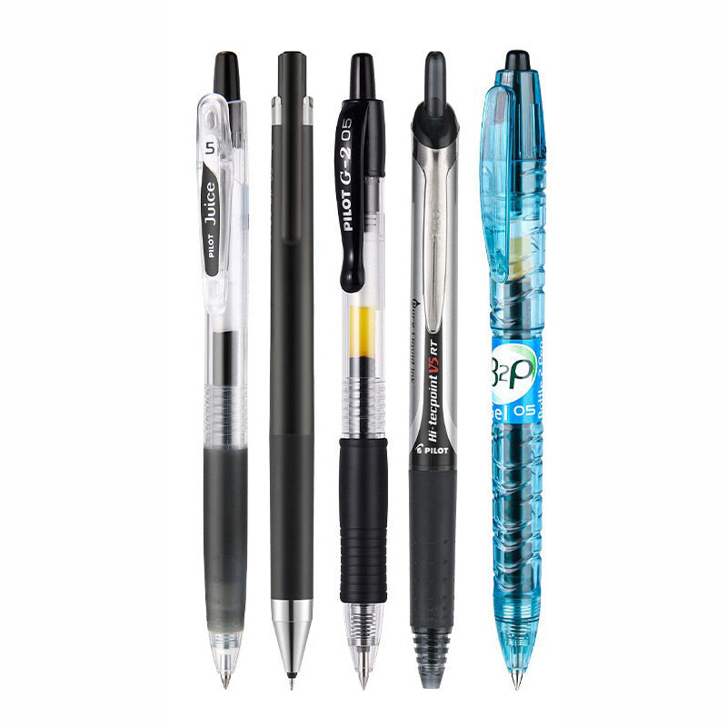 Set C of five black 0.5mm push-button pens: Juice, Juice Up, G2, V5 RT and B2P in a black gel pen variety pack