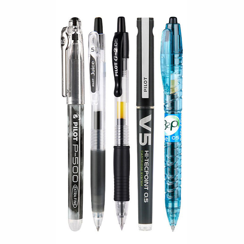 Set A of five black 0.5mm pens: P500, Juice, G2, V5 and B2P gel and rollerball pens in a black variety pack