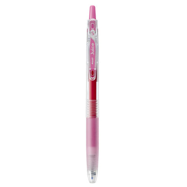 PILOT Juice 0.5mm gel pen in Pink, angled view showing the clear barrel, pink grip section, and pink cap