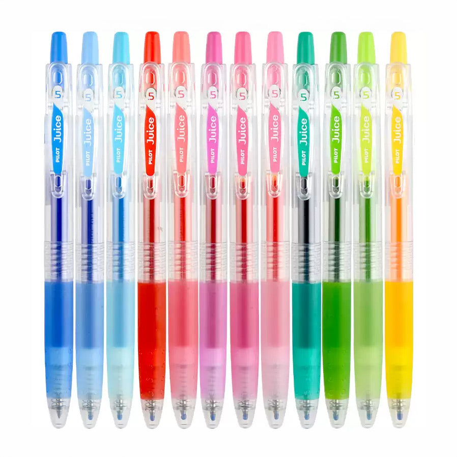 Rainbow of PILOT Juice 0.5mm gel pens fanned out showing the full 36-color range