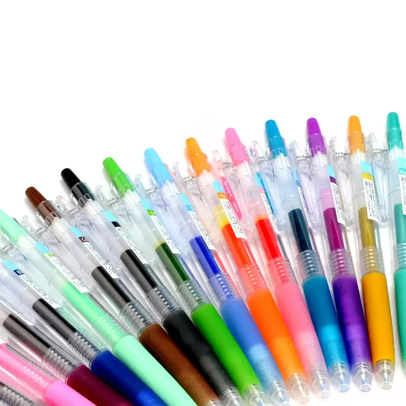Fan of vividly colored gel pens arranged to show the fruit-toned color palette