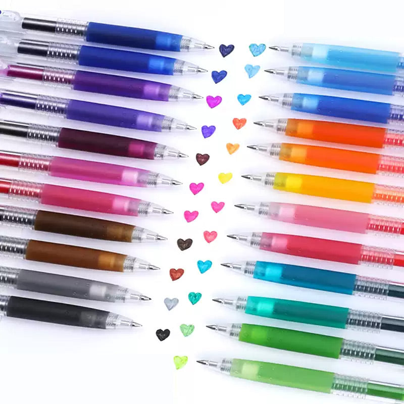 Gel pens fanned across a blue background beneath the Juice logo