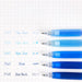 Blue-toned gel pens grouped with a matching ink swatch color chart