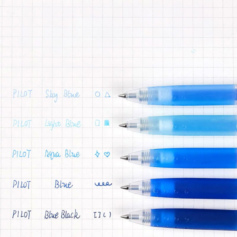 Blue-toned gel pens grouped with a matching ink swatch color chart