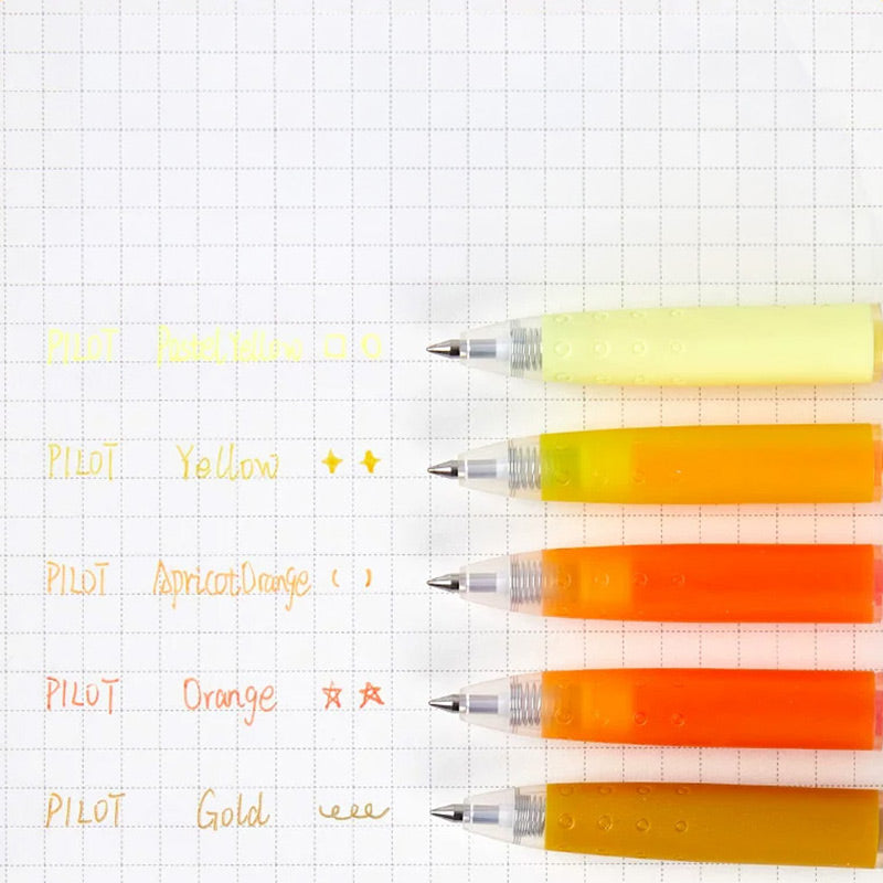 Orange-family gel pens grouped with a matching ink swatch color chart