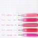 Pink-family gel pens grouped with a matching ink swatch color chart