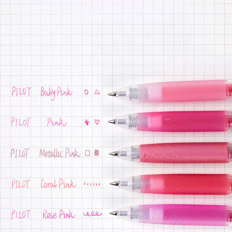 Pink-family gel pens grouped with a matching ink swatch color chart