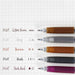 Brown and grey gel pens grouped with a matching ink swatch color chart