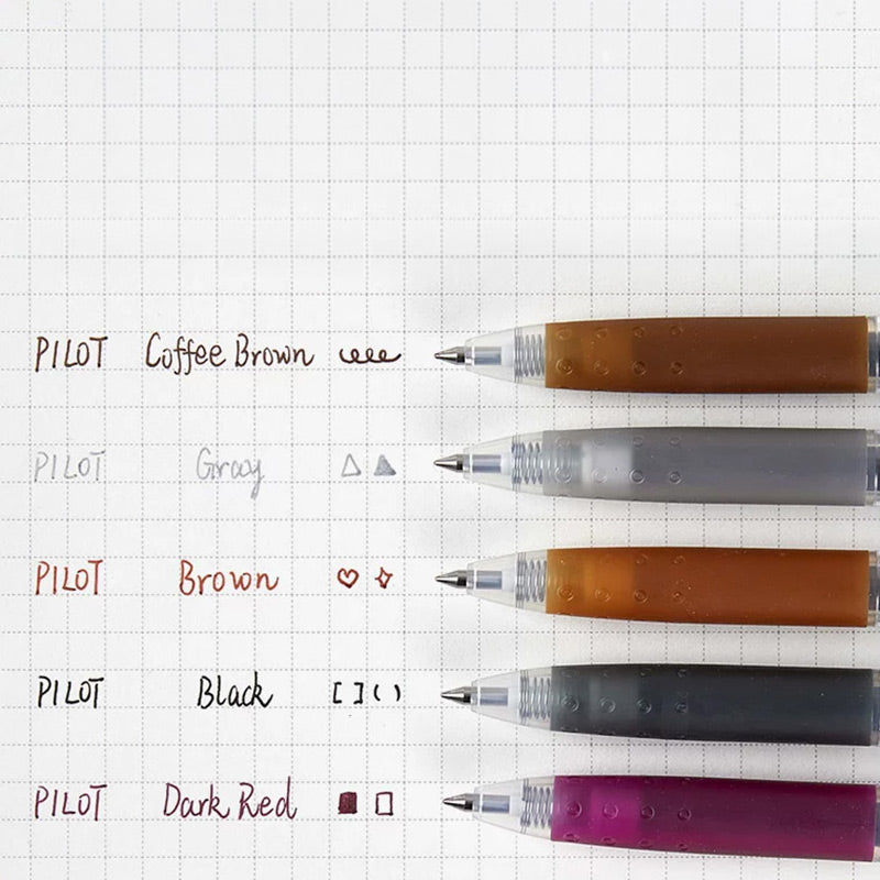 Brown and grey gel pens grouped with a matching ink swatch color chart