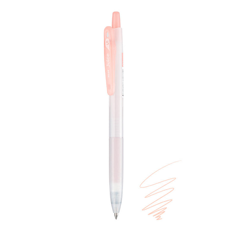 Apricot Orange Pilot Juice 0.5mm gel pen with frosted barrel, apricot clip and plunger, beside matching ink scribble.