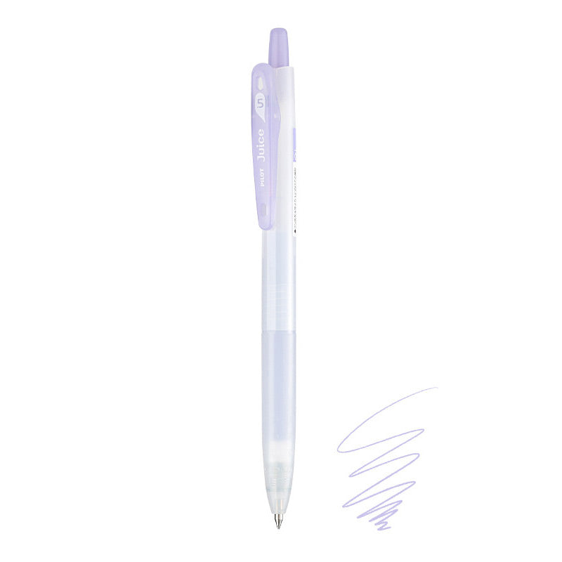 Muted Violet Pilot Juice 0.5mm gel pen with frosted barrel, lavender clip and plunger, beside violet ink scribble.
