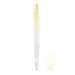 Muted Yellow Pilot Juice 0.5mm gel pen with frosted barrel, pale yellow clip and plunger, beside yellow ink scribble.