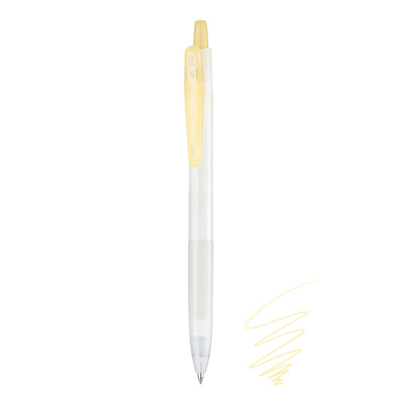 Muted Yellow Pilot Juice 0.5mm gel pen with frosted barrel, pale yellow clip and plunger, beside yellow ink scribble.