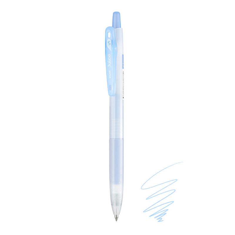Muted Blue Pilot Juice 0.5mm gel pen with frosted barrel, light-blue clip and plunger, beside blue ink scribble.