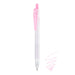 Muted Pink Pilot Juice 0.5mm gel pen with frosted barrel, pink clip and plunger, beside a pink ink scribble.