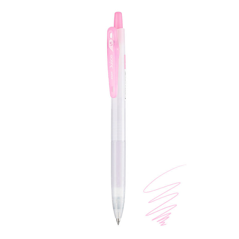 Muted Pink Pilot Juice 0.5mm gel pen with frosted barrel, pink clip and plunger, beside a pink ink scribble.