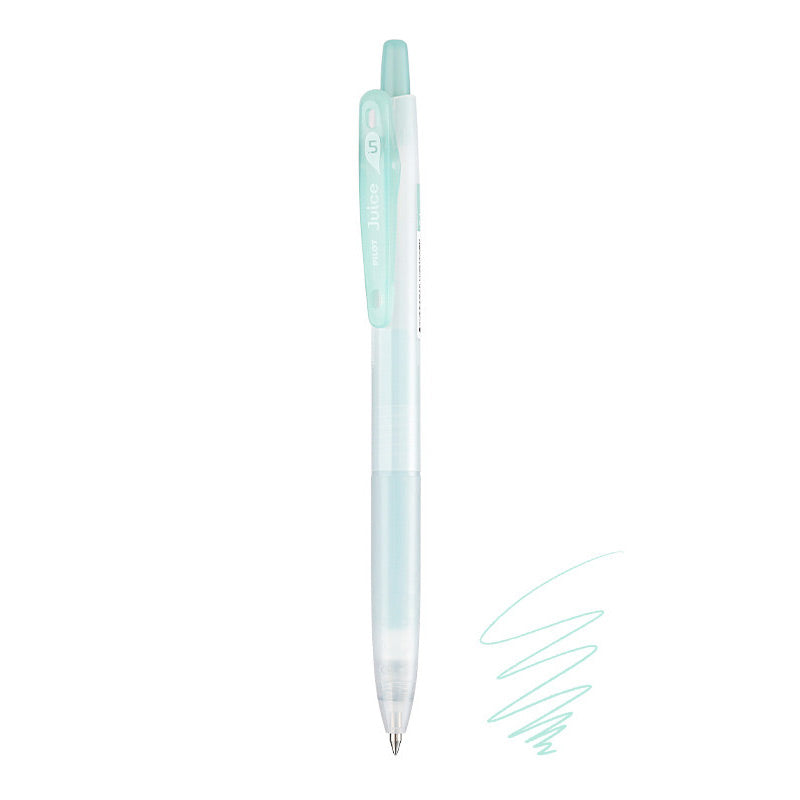 Muted Green Pilot Juice 0.5mm gel pen with frosted barrel, mint clip and plunger, beside a mint ink scribble.