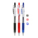Three PILOT Juice refill packs in black, blue and red are shown with colored ink swatches.