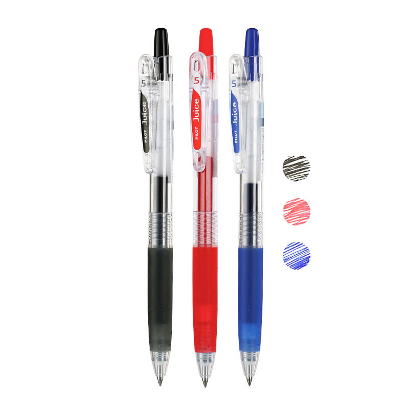 Three PILOT Juice refill packs in black, blue and red are shown with colored ink swatches.