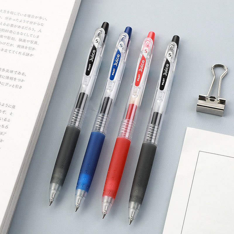 PILOT Juice gel pens and refills in black, blue and red are grouped together.