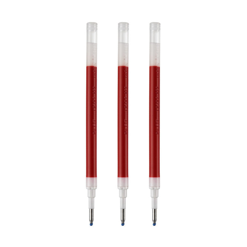 Three red PILOT Juice gel pen refills are shown with their red tips visible.