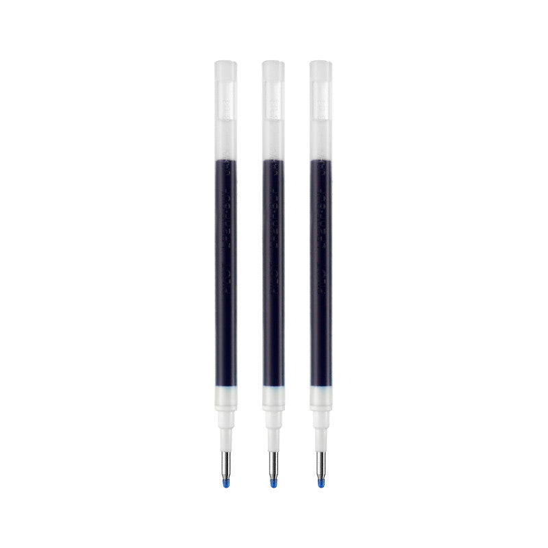 Three blue PILOT Juice gel pen refills are shown with their blue tips visible.