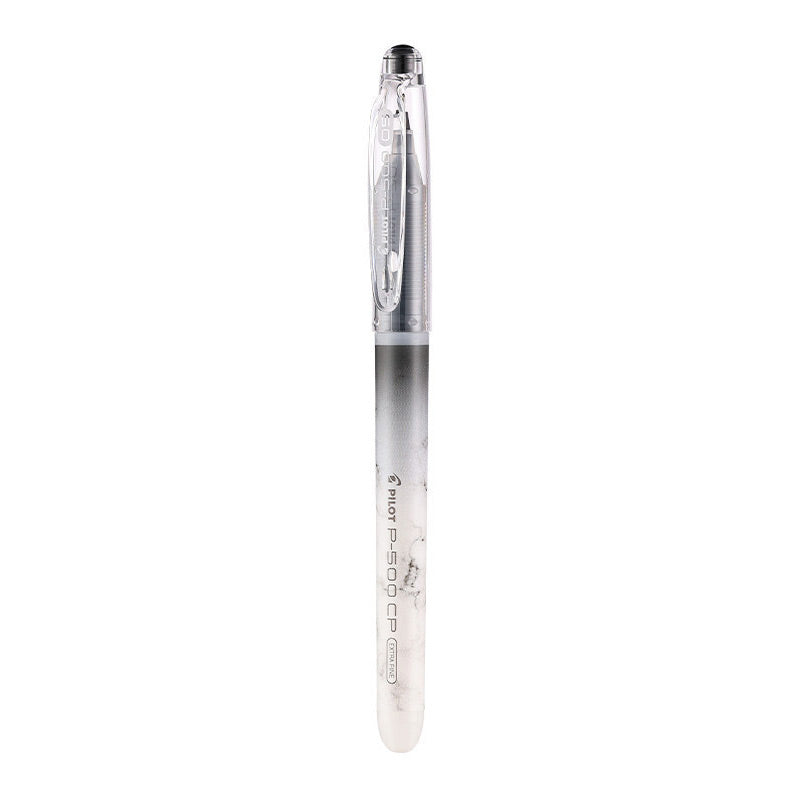 Pilot P-500 CP Extra Fine black gel pen with white marble-to-grey gradient barrel