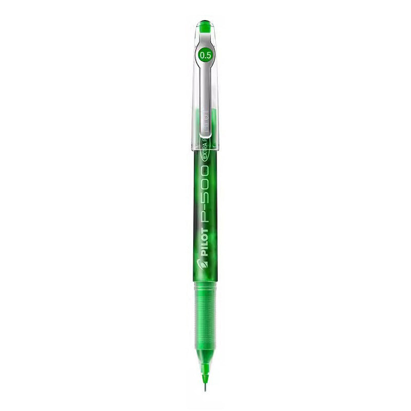 Pilot P-500 Extra Fine 0.5mm green gel pen with green marble barrel, uncapped tip shown, single