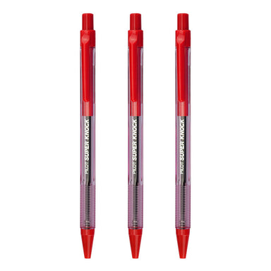 PILOT Super Knock 0.7mm Ball Point Pen 3 Pcs Pack, Red