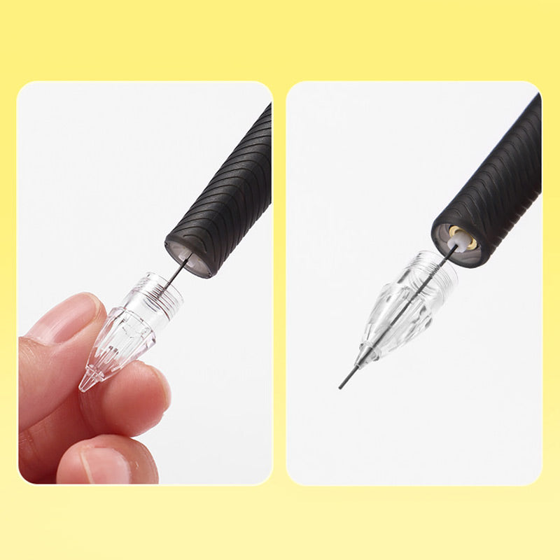 Hands unscrewing the clear tip of a black mechanical pencil to show lead refilling and tip access