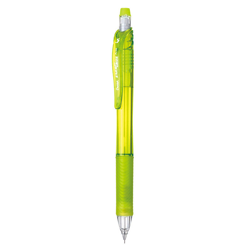 Green Pentel EnerGize-X PL105 0.5mm mechanical pencil with a translucent barrel and ribbed rubber grip