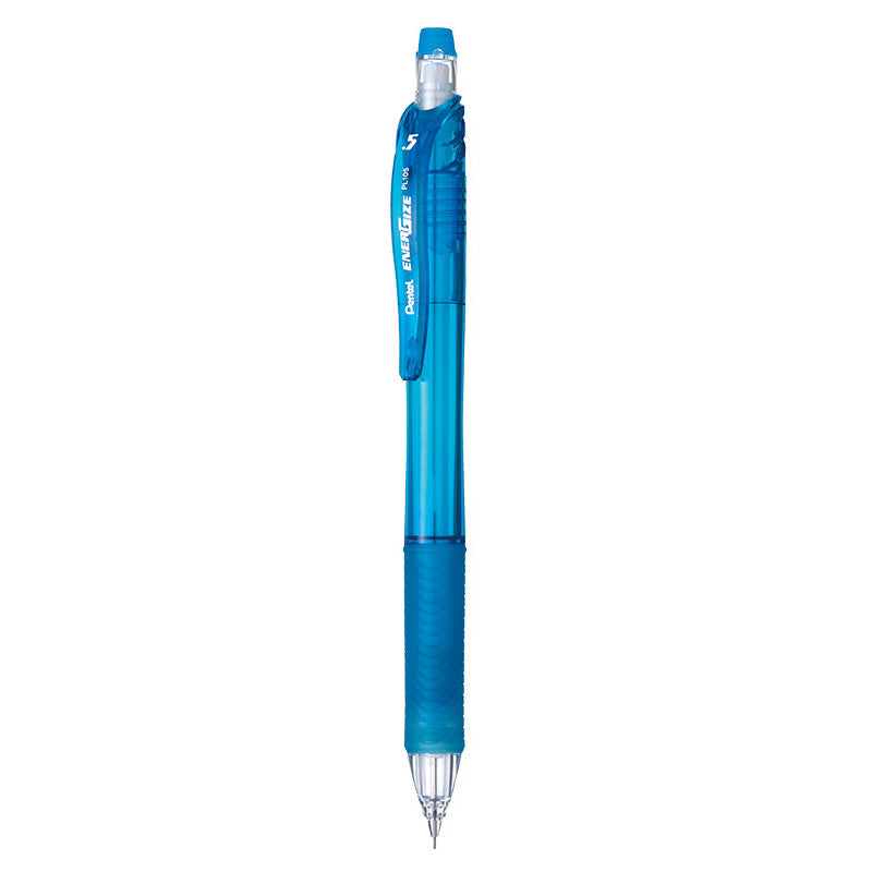 Sky Blue Pentel EnerGize-X PL105 0.5mm mechanical pencil with a translucent barrel and ribbed rubber grip