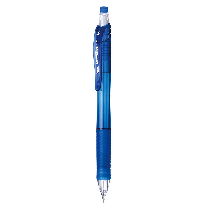 Blue Pentel EnerGize-X PL105 0.5mm mechanical pencil with a translucent barrel and ribbed rubber grip