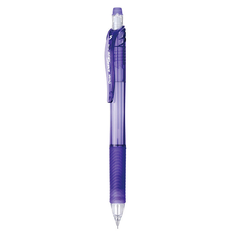 Purple Pentel EnerGize-X PL105 0.5mm mechanical pencil with a translucent barrel and ribbed rubber grip