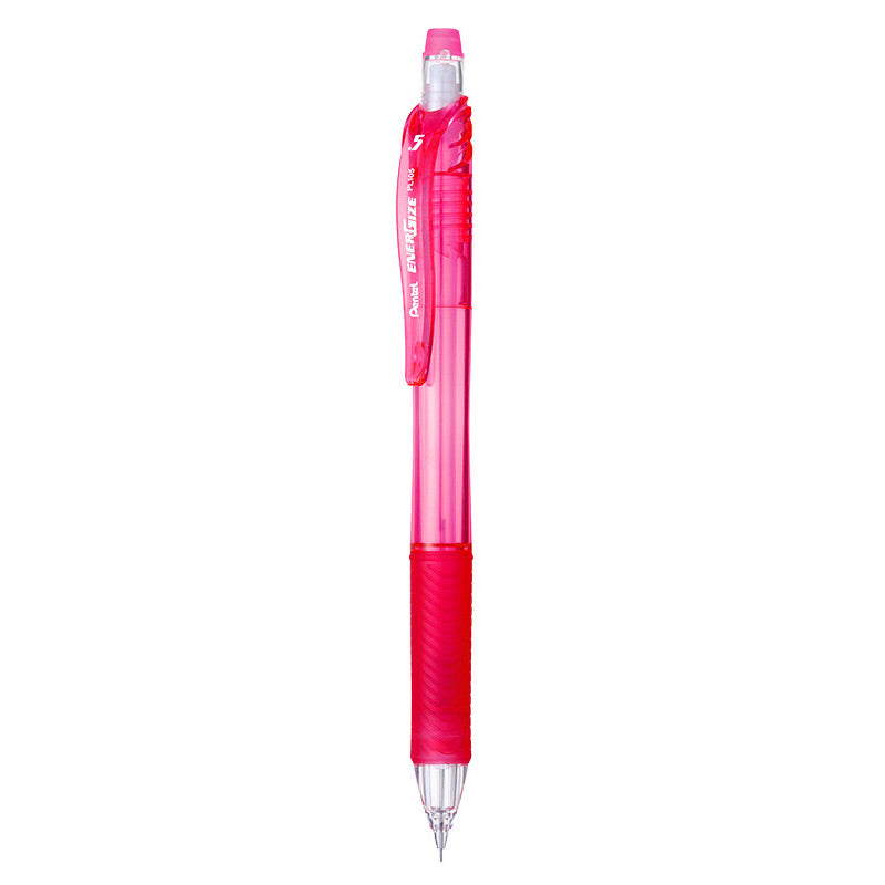 Pink Pentel EnerGize-X PL105 0.5mm mechanical pencil with a translucent barrel and ribbed rubber grip
