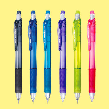 Six translucent EnerGize-X mechanical pencils in black, blue, sky blue, purple, green and pink with rubber grips