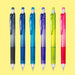 Six translucent EnerGize-X mechanical pencils in black, blue, sky blue, purple, green and pink with rubber grips