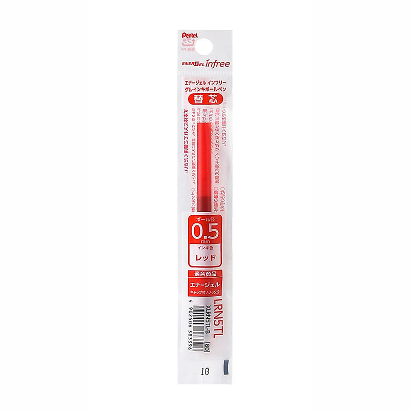 Red Pentel EnerGel Infree LRN5TL 0.5mm gel pen refill in its package